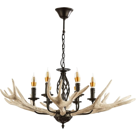 Rustic Antler Chandelier 6 Lights Farmhouse Chandelier Resin 6 Antlers Retro Metal Wagon Wheel Vintage Style for Dining Room Kitchen Living Room Cabin