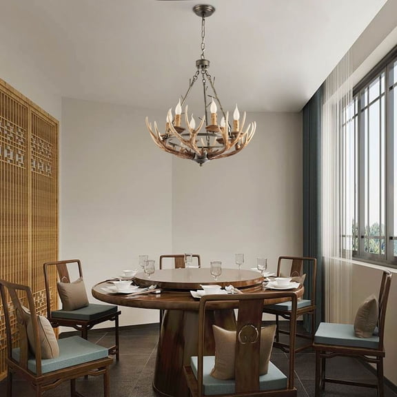 Rustic Antler Chandelier 6 Lights, Farmhouse Chandeliers with Resin 6 Antlers and Retro Metal Wagon Wheel Vintage Style for Dining Room, Kitchen, Living Room