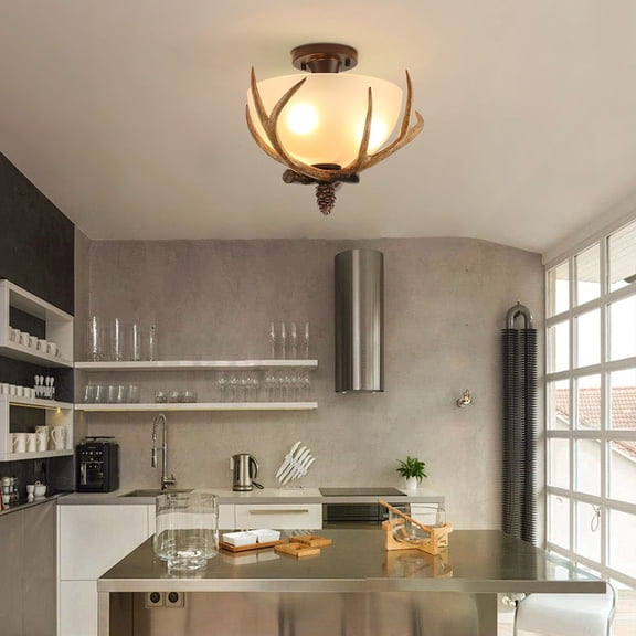 Rustic Antler Flush Mount, 30cm Glass Shade with Pinecone Design, 5.11in Stable Base, Open Structure for Easy Cleaning, Perfect for Kitchen Island & Cafe Lighting