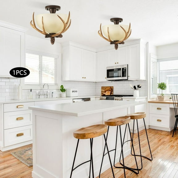 Rustic Antler Pendant Light with 3-Light E26 Holders, Glass Shade, Retro Ceiling Mount Fixture for Dining Room, Kitchen, Cabin Dcor