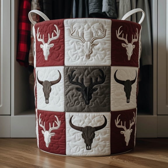 Rustic Antler Quilted Laundry Basket, Collapsible Fabric Hamper for Clothes, Toys and Blankets