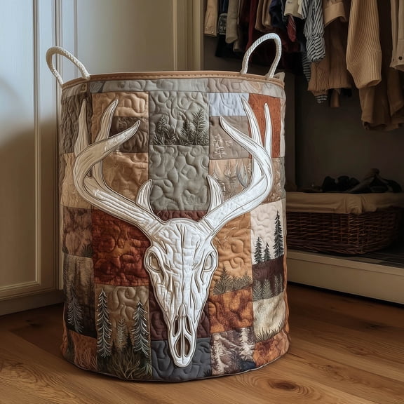 Rustic Antler Quilted Laundry Basket, with Handles, Foldable Clothes Hamper for Bedroom Storage