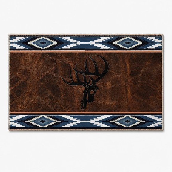 Rustic Antler Skull Doormat, Blue Geometric Western Entry Mat
