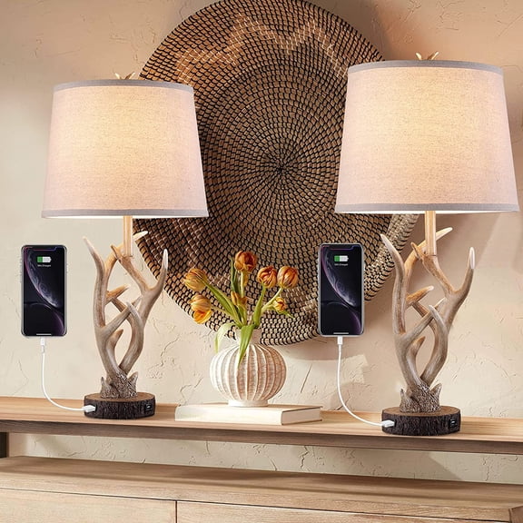 Rustic Antler Table Lamp Set of 2 26 Inch with 2 USB Ports Farmhouse Style for Bedroom Living Room