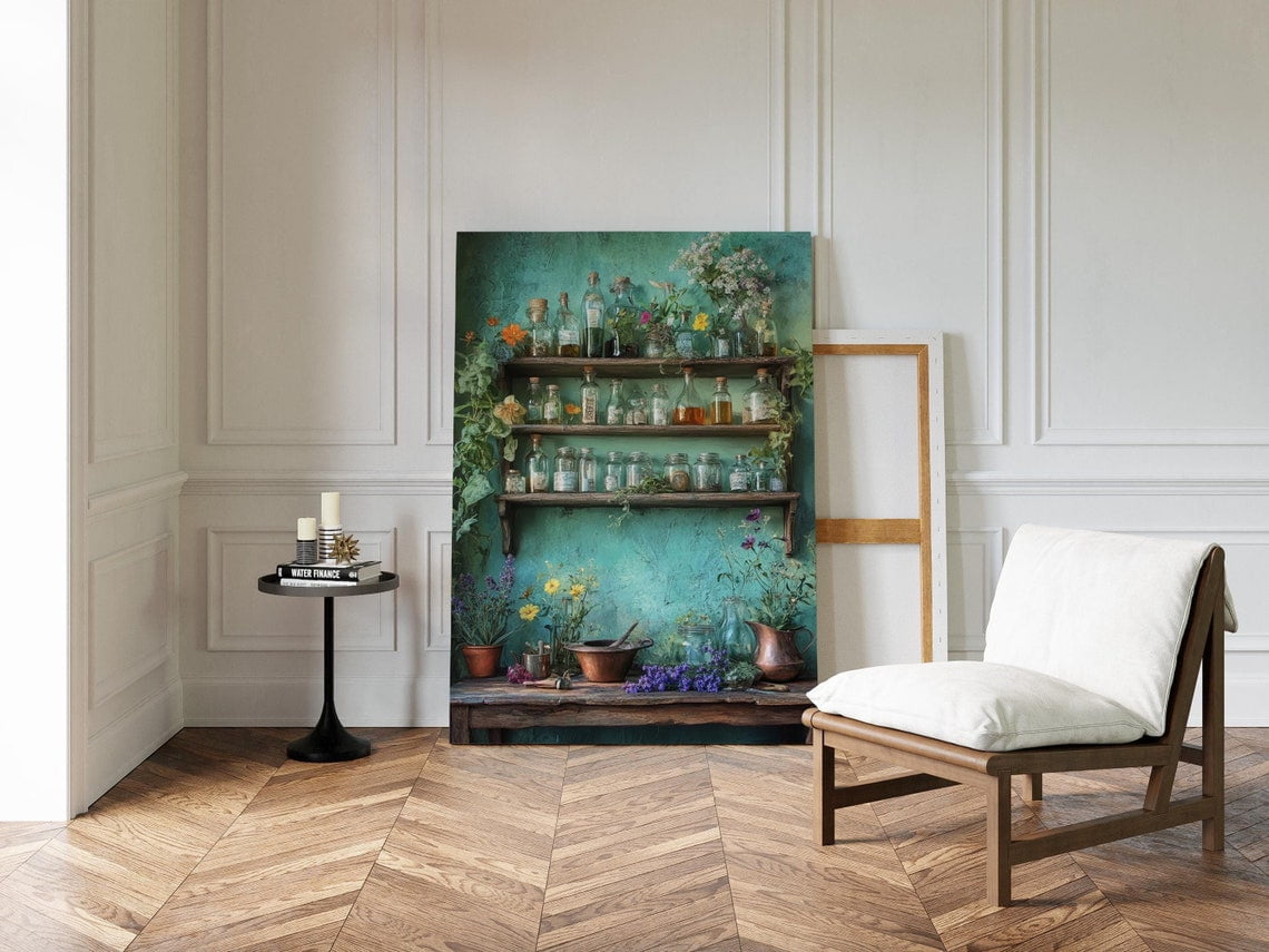 Rustic Apothecary Shelf Art - Herb Jars, Wildflowers, And Vintage Green ...