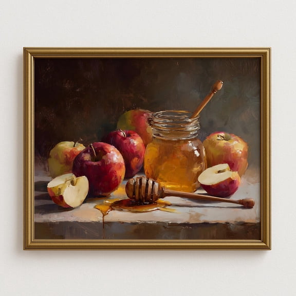 Rustic Apple And Honey Wall Art, Autumn Harvest Kitchen Decor, Print With Red Apples And Golden Honey Jar For Farmhouse Home Decor #988, Stretched Canvas Size 8x12
