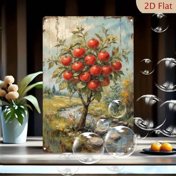 Rustic Apple Tree Painting on Tin, 8x12 Inches, Vibrant Red Apples and Green Leaves by Stream, Vintage Impressionist Wall Art for Kitchen, Living Room, Farmhouse Decor