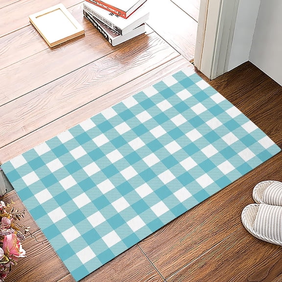 Rustic Aqua Blue Plaid Farmhouse StyleBathroom Shower Mat Doormat Non Slip,Floor Rug Absorbent Carpets Floor Mat Home Decor for Kitchen Bedroom Rug-20X32inch