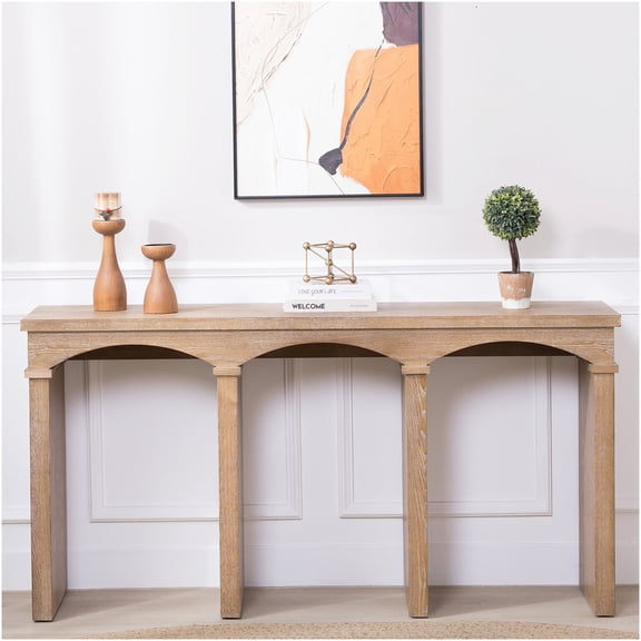 Rustic Archway Console Table with Arched Legs, Natural Wood Finish Sofa Table for Entryway or Living Room