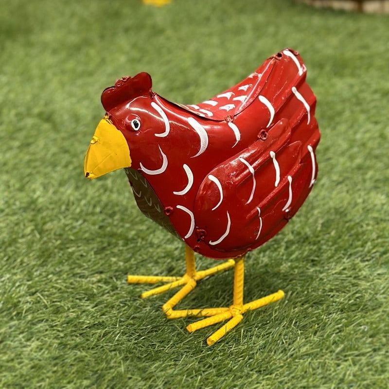 Handmade Red and Yellow Metal Rustic Hen Figurine