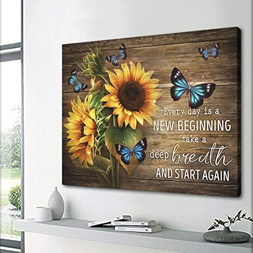 Rustic Art Poster Sunflower and Blue Butterfly Wood Farmhouse Wall Art