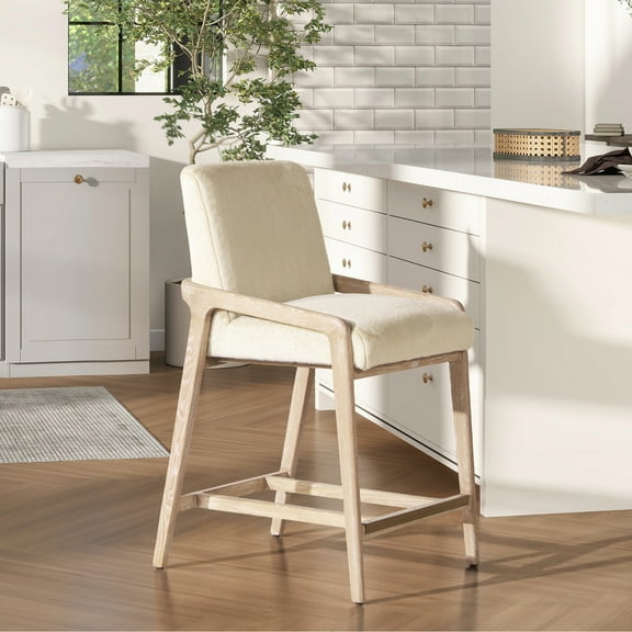 Rustic Ash Wood Counter Stool - Soft White Faux Fur And Rope Detail Design Solid Upholstered Ornament Long-lasting Build Chair