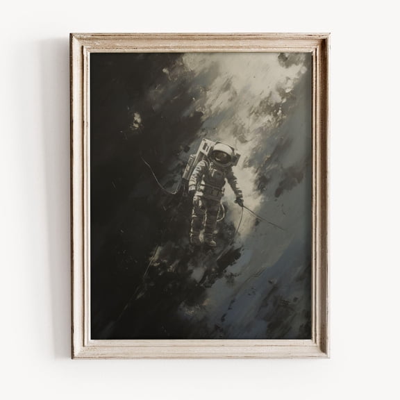 Rustic Astronaut, Vintage Space Art, Dramatic Blue & Grey Tones, Moody Cosmic Print, Celestial Wall Decor, Home Decor #1763, Stretched Canvas Size 8x12