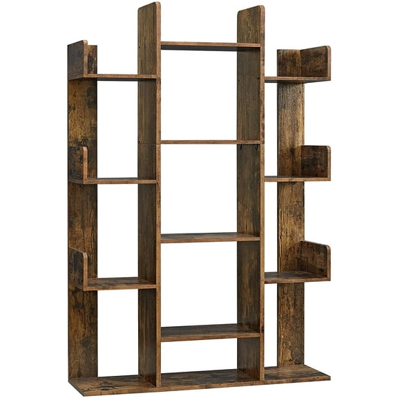 Rustic Asymmetrical Bookshelf with Open Shelving  Modern Reclaimed Wood Style Display Shelf for Living Room, Bedroom, or Office, Mid-Century Decorative Storage Unit,Ebony Black