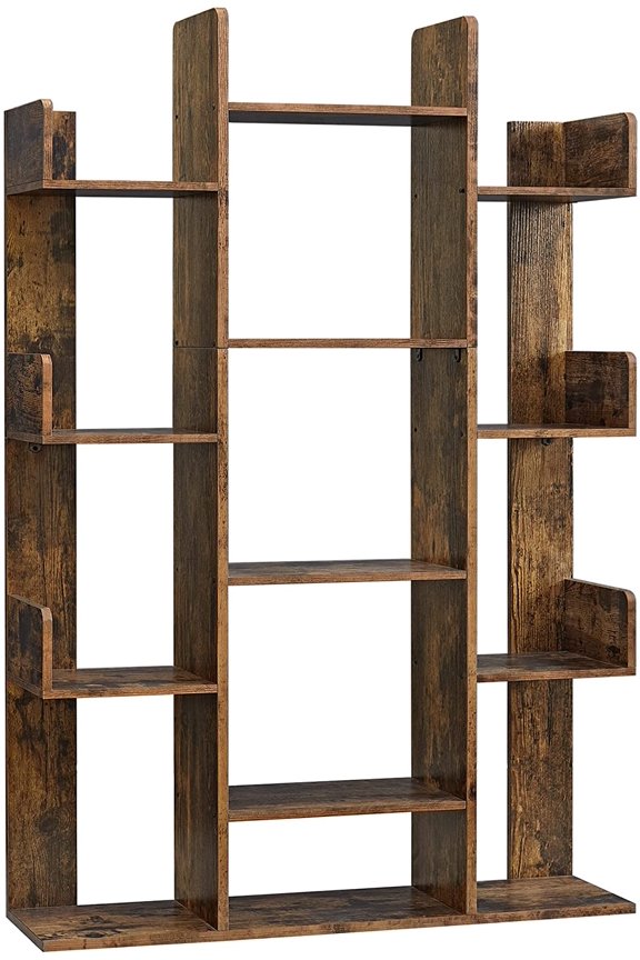 Rustic Asymmetrical Bookshelf with Open Shelving Modern Reclaimed Wood Style Display Shelf for Living Room, Bedroom, or Office, Mid-Century Decorative Storage Unit,Ebony Black
