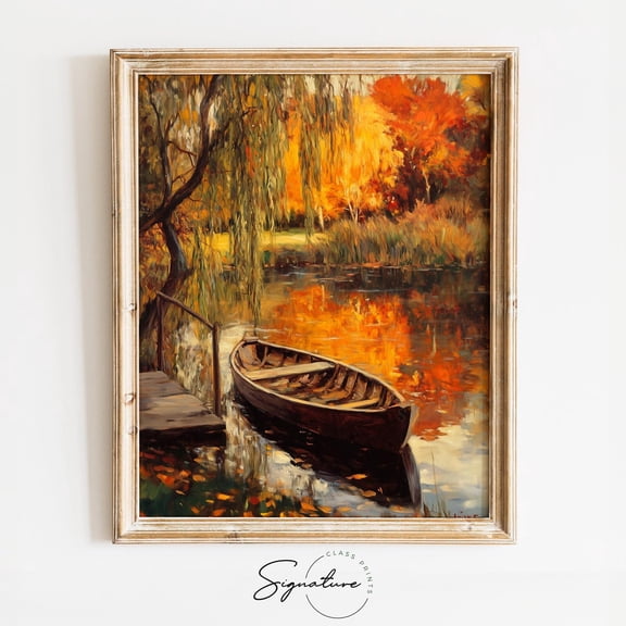 Rustic Autumn Boat on Tranquil Lake, Fall Reflections, Moody Nature Landscape, Cottagecore Earthy Wall Art Decor for Home 1537 Unframed Paper Print