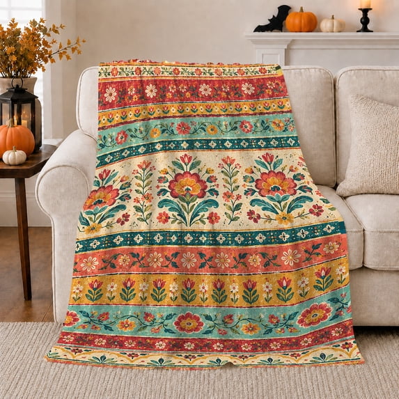 Rustic Autumn Bohemian Floral Folk Art, Festive Holiday Scene, Warm Flannel Blanket for Living Room and Reading Nook, Art Lovers Thanksgiving Gift, Festive Home Decor