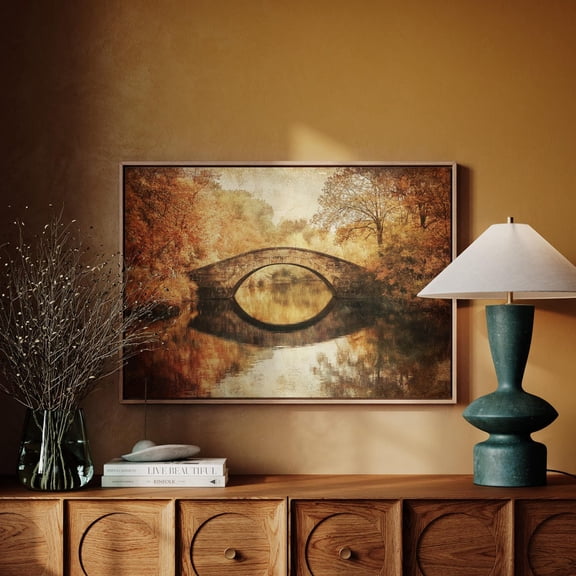 Rustic Autumn Bridge Art - Vintage Stone Bridge With Golden Fall Foliage And Reflections Wall Art, Modern Wall Decor, 24x36 UNFRAMED