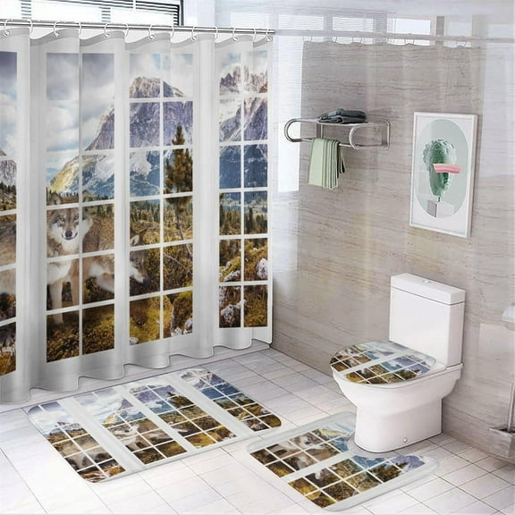 Rustic Autumn Cabin Deer 4 Pieces Shower Curtain Set,Modern Open Window Forest Hunting Theme Wildlife Deer Non-Slip Rugs Toilet Lid Cover Bath Mat and Bathroom Curtain