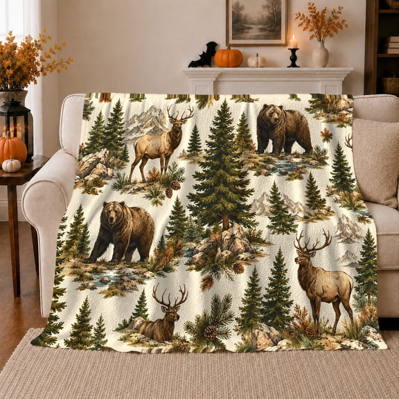 Rustic Autumn Cabin Wildlife Forest Bear Elk, Peaceful Mountain Lake Scene, Warm Flannel Blanket for Cabin and Lodge, Outdoor Lovers Thanksgiving Gift, Rustic Home Decor