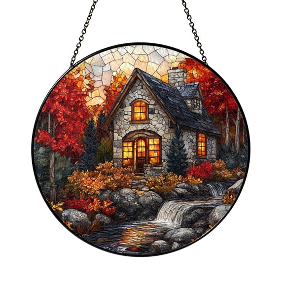 Rustic Autumn Cottage Stained Glass Style Window Hanging Decor2101