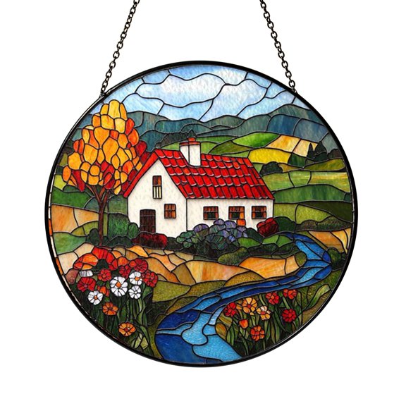 Rustic Autumn Cottage Stained Glass Suncatcher with Fall Trees and Stream Scene, Round Window Hanging Decor