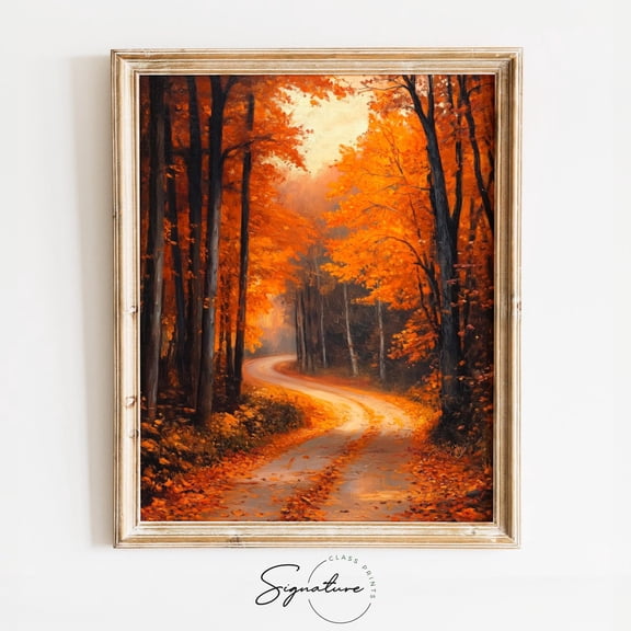 Rustic Autumn Country Lane in Orange, Fall Landscape Art, Earthy Cottagecore Decor, Winding Road Scene, 4096 Unframed Paper Print