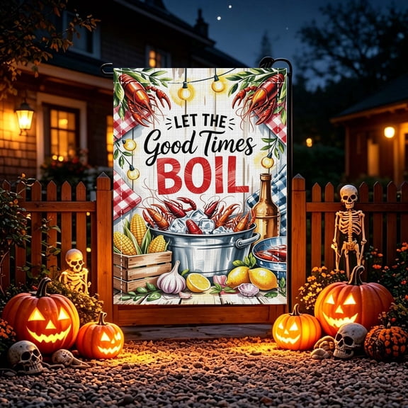 Rustic Autumn Crawfish Boil Printed Garden Flag, Porch Yard Outdoor Holiday Decor, No Flagpole, Halloween Gift