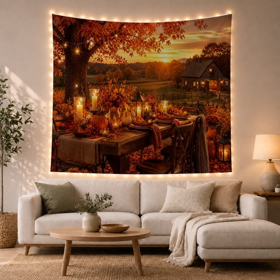 Rustic Autumn Dinner Scene with Lanterns and Pumpkins in a Barn, Cozy Farmhouse for Nature Lovers, Harvest Wall Decor, Housewarming Gift, Tapestry Wall Hanging for Bedroom and Living Room