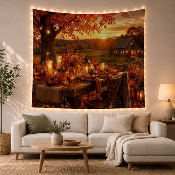Rustic Autumn Dinner Scene with Lanterns and Pumpkins in a Barn, Cozy Farmhouse for Nature Lovers, Harvest Wall Decor, Housewarming Gift, Tapestry Wall Hanging for Bedroom and Living Room