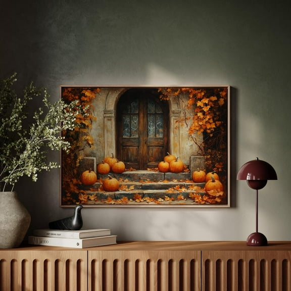 Rustic Autumn Doorway Wall Art – Pumpkins And Fall Leaves Print For Warm Seasonal And Harvest Home Decor Wall Art, Modern Wall Decor, 8x12 UNFRAMED