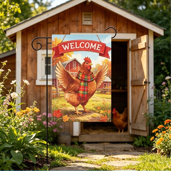 Rustic Autumn Farm Chicken Double Sided 2D Garden Flag, 12x18 Inch, Yard Thanksgiving Halloween Gift for Farm Lovers, No Flagpole