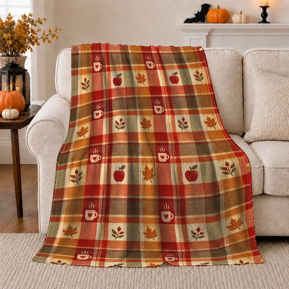 Rustic Autumn Farmhouse Plaid, Festive autumn celebration Scene, Warm Flannel Blanket for Ranch House and Living Room with Detailed Artwork, Art Lovers autumn celebration Gift, Festive Home Decor
