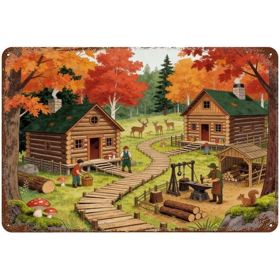 Rustic Autumn Forest Log Cabins Metal Tin Sign, Deer and Fall Foliage Wall Art, 8x12 Inch Blacksmith Forge Style Plaque for Home, Cabin or Lodge Decor