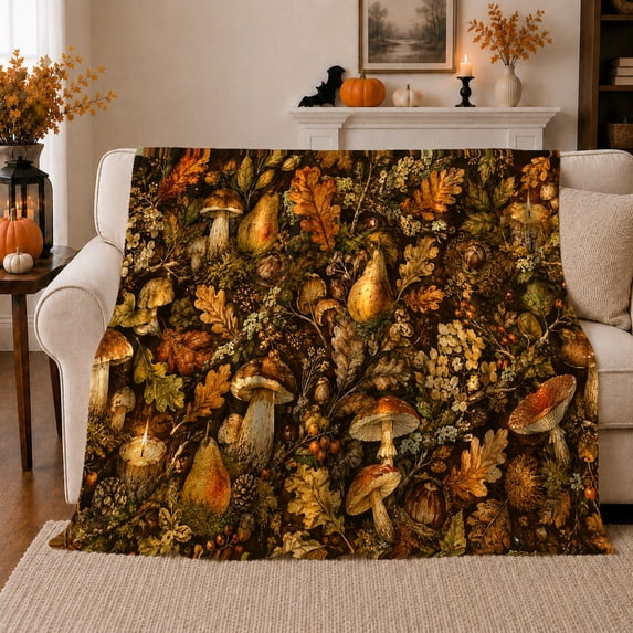 Rustic Autumn Forest decorative motif Pear Still Life, Cozy Woodland Scene, Warm Flannel Blanket for Cabin and Lodge, Garden Lovers Thanksgiving Gift, Rustic Home Decor
