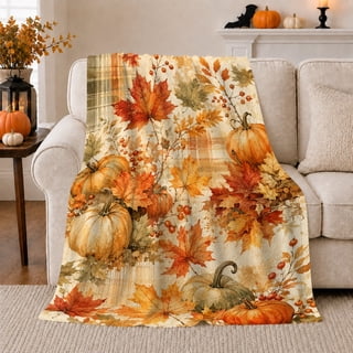 Rustic Autumn Harvest Pumpkin Maple Leaf Pattern, Cozy Rustic Scene, Warm Flannel Blanket for Living Room and Bedroom, Art Lovers Thanksgiving Gift, Rustic Home Decor