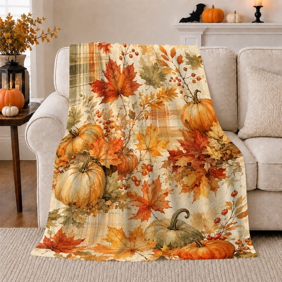 Rustic Autumn Harvest Pumpkin Maple Leaf Pattern, Cozy Rustic Scene, Warm Flannel Blanket for Living Room and Bedroom, Art Lovers Thanksgiving Gift, Rustic Home Decor