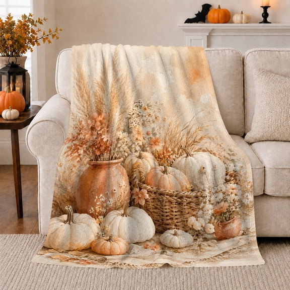 Rustic Autumn Harvest Still Life Basket Pumpkin Floral, Cozy Botanical Garden Scene, Warm Flannel Blanket for Sunroom and Reading Nook, Garden Lovers Thanksgiving Gift, Rustic Home Decor