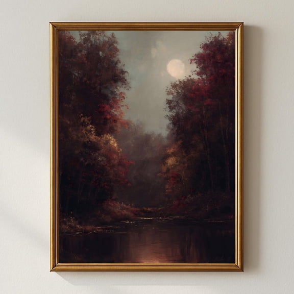 Rustic Autumn Landscape Wall Art, Dark Forest With Reflections Under Full Moon, Cozy Gothic Fall Decor Home Decor #816, Unframed Poster Size 8x12