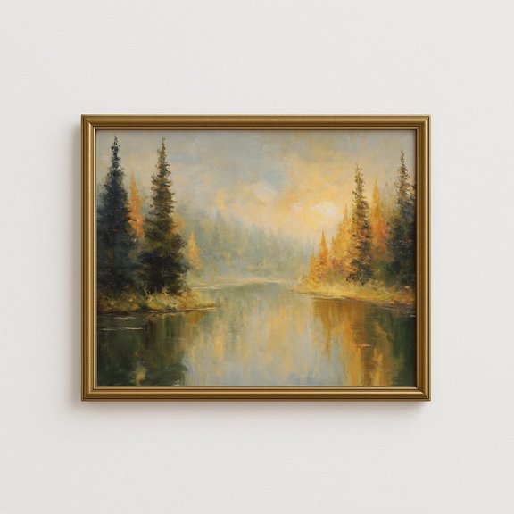 Rustic Autumn Landscape Wall Art, Misty River With Reflections Of Autumn Trees, Cozy Farmhouse Fall Decor Home Decor #1110, Unframed Poster Size 24x36