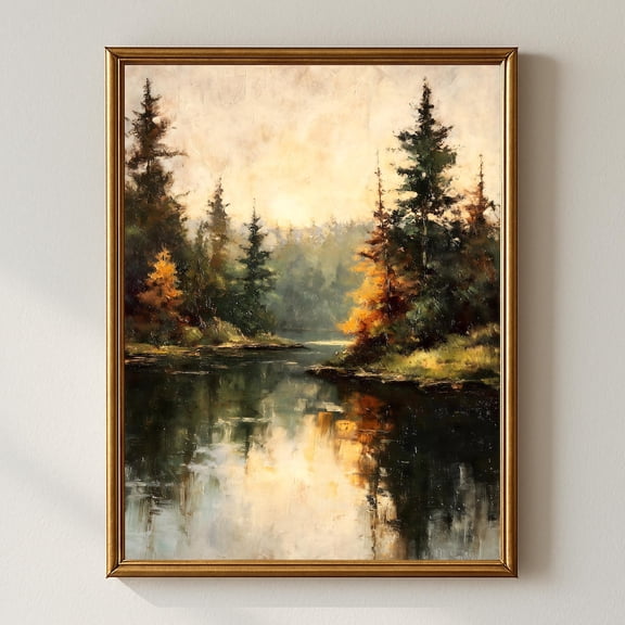 Rustic Autumn Landscape Wall Art, River With Reflections Of Autumn Trees, Cozy Farmhouse Fall Decor Home Decor UNFRAMED Poster, Wall Art for Decor, Present, 8x12