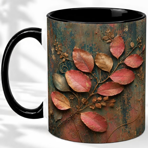 Rustic Autumn Leaf Accent Mug, 11oz Ceramic Coffee Cup for Nature Fans