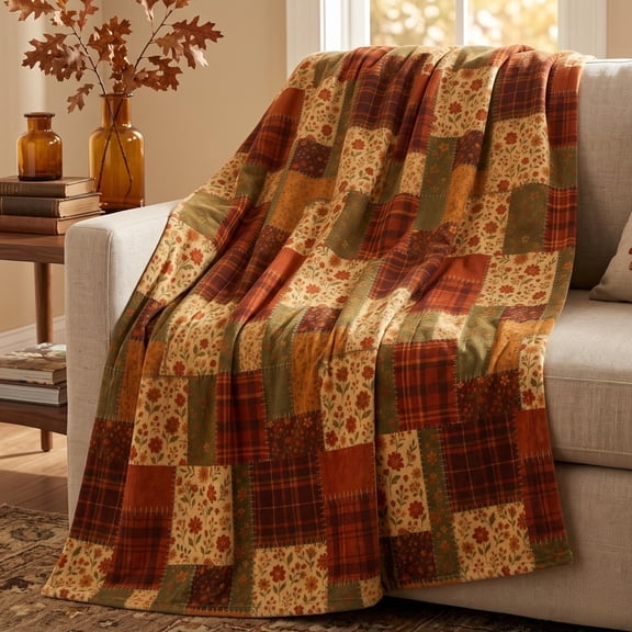 Rustic Autumn Patchwork Plaid Sherpa Fleece 60 x 80 in Throw Blanket, Breathable Polyester, Cozy Home Decor for Sofa Bed Couch, Bedroom Living Room Accent, Gift for Family and Friends