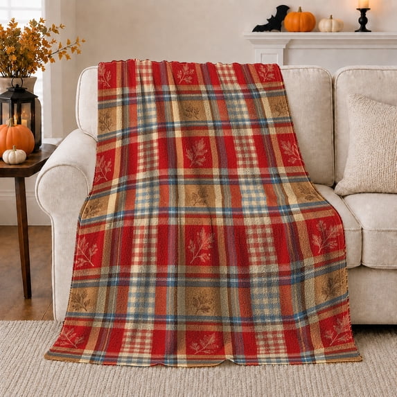 Rustic Autumn Plaid Farmhouse, Cozy Artistic Scene, Warm Flannel Blanket for Ranch House and Living Room with Detailed Artwork, Animal Lovers Thanksgiving Gift, Artistic Home Decor