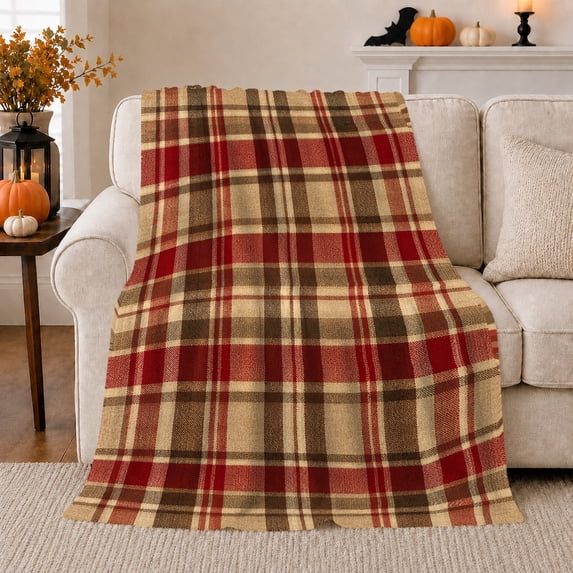 Rustic Autumn Plaid Living Room, Festive Artistic Scene, Warm Flannel Blanket for Ranch House and Living Room, Animal Lovers Thanksgiving Gift, Artistic Home Decor