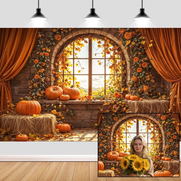 Rustic Autumn Pumpkin Backdrop, Thanksgiving Harvest Window Hay Bale Photo Background, Fall Orange Leaves Curtain Studio Booth Props for Wedding Baby Shower Party Decorations,7x5FT