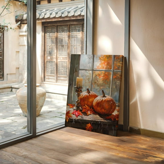 Rustic Autumn Pumpkin Scene With Candle Light, Fall Decor On Window Sill, Vibrant Autumn Leaves, Warm Farmhouse Seasonal Wall Art, Modern Wall Decor, 24x36 UNFRAMED