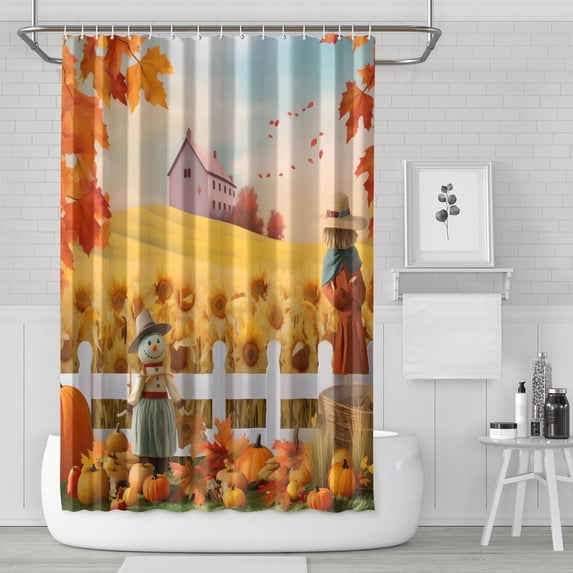 Rustic Autumn Scarecrow Shower Curtains,Reusable Bath Curtain with Hooks Vintage Polyester Fabric Curtains for Bathroom Bathtub Autumn Holiday