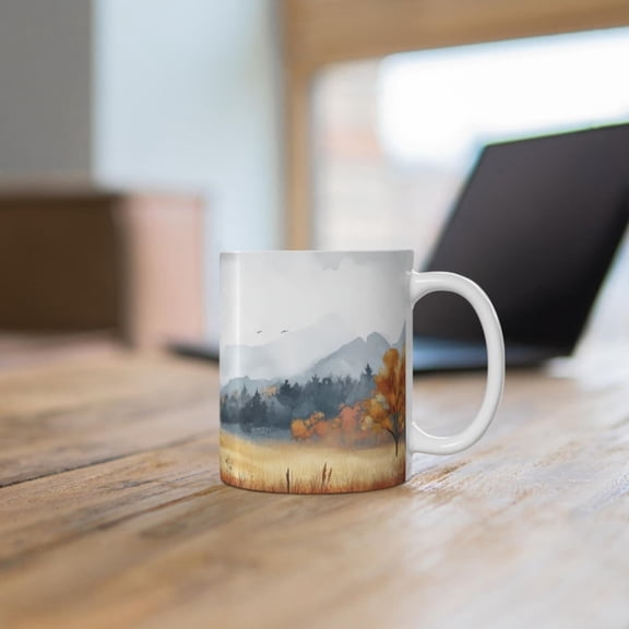 Rustic Autumn Scenery Mug, Beautiful Fall Nature Ceramic Mug, Fall Colors Coffee Cup, Watercolor Autumn Landspe Mug, Golden Field Tea Cup.