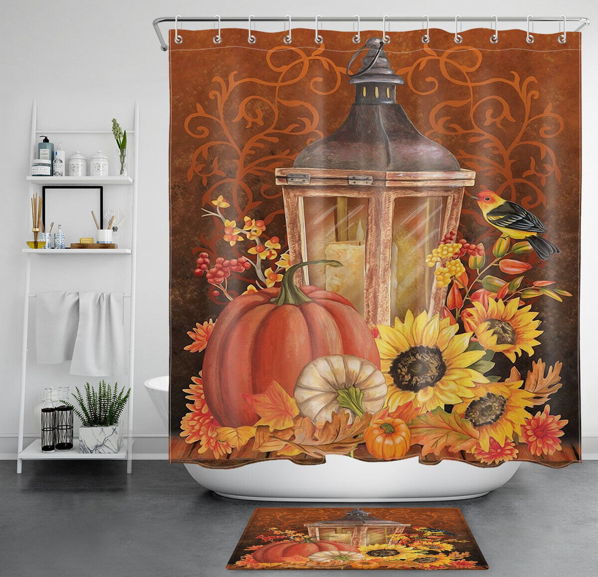 Rustic Autumn Shower Curtain with Vintage Lantern and Sunflower Accents